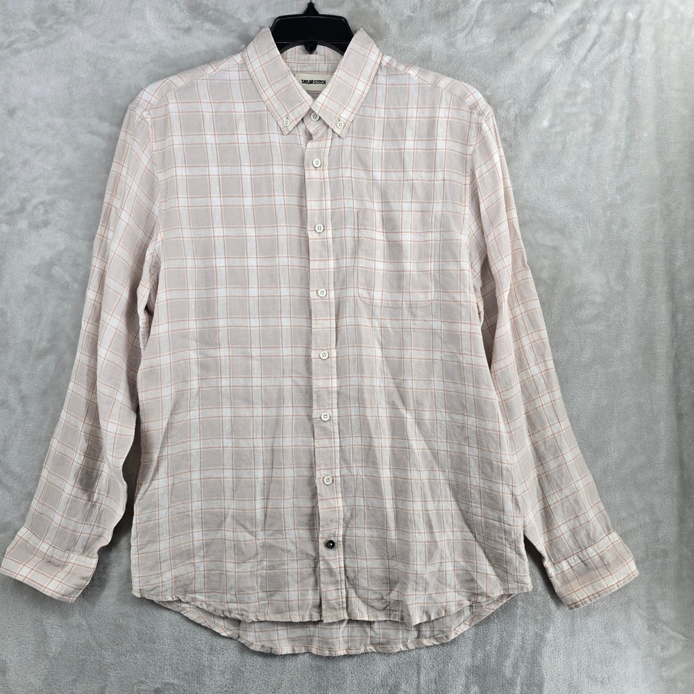 Taylor Stitch 42 Mens Beige Plaid Linen Button Down Long Sleeve Shirt